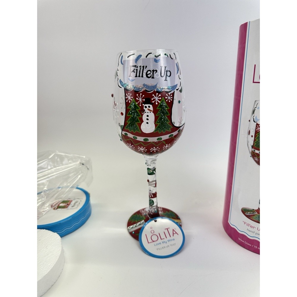 Lolita Fill'er Up Too Christmas Wine Glass 15 Oz Hand Painted Enesco 2016 Box